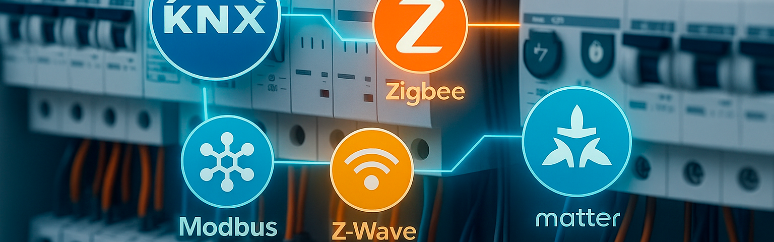 Interoperabilità domotica con protocolli KNX Zigbee Modbus Z-Wave e Matter integrati in impianto smart.