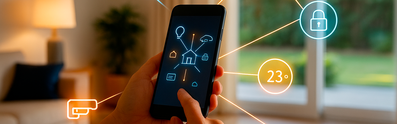 Esempio di interoperabilità domotica con controllo da smartphone di luci, sicurezza e temperatura in casa intelligente.