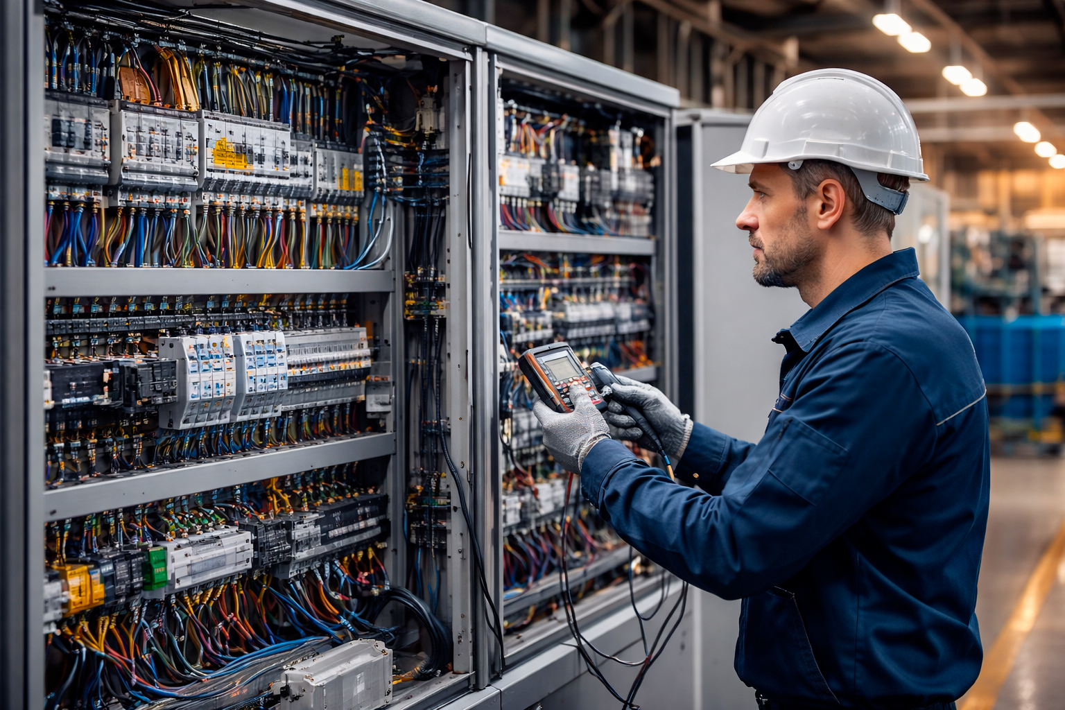 Quadri elettrici industriali aperti in ambiente produttivo con componenti di distribuzione energia