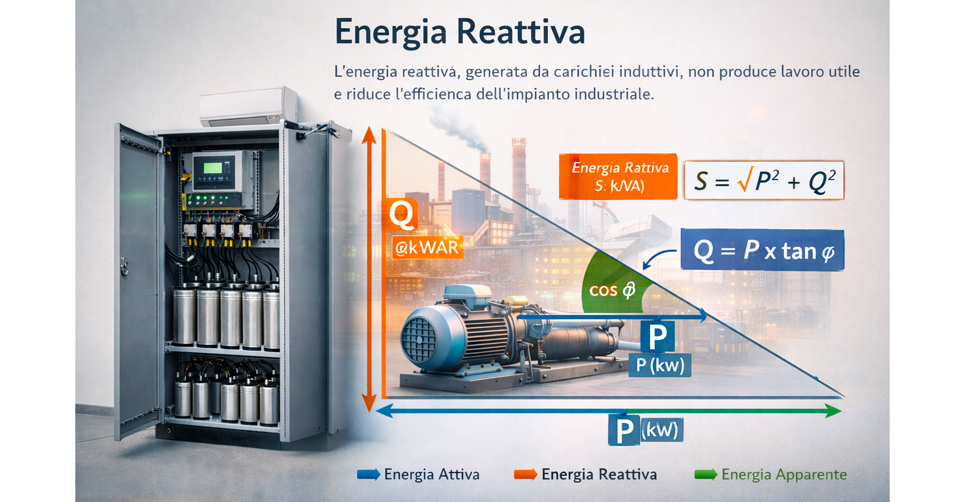 Schema del rifasamento impianti industriali con triangolo delle potenze ed energia reattiva 💡Bonus e incentivi 2025 per impianti elettrici💡