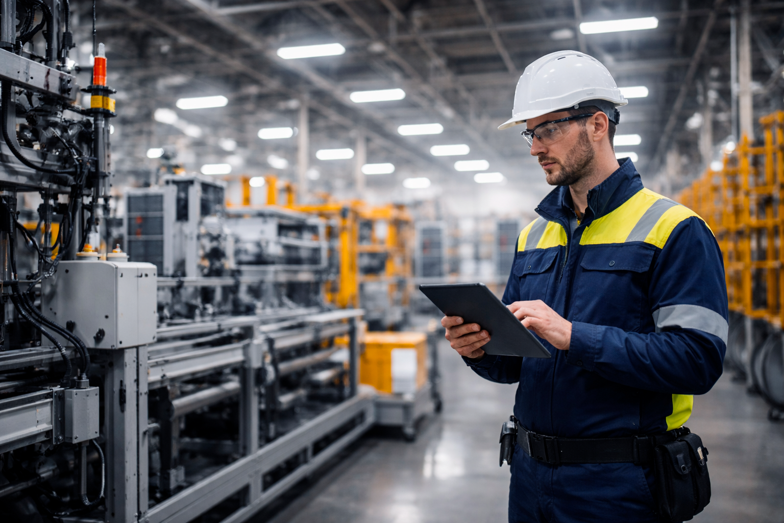 Tecnico impegnato nella manutenzione impianti elettrici industriali in linea produttiva