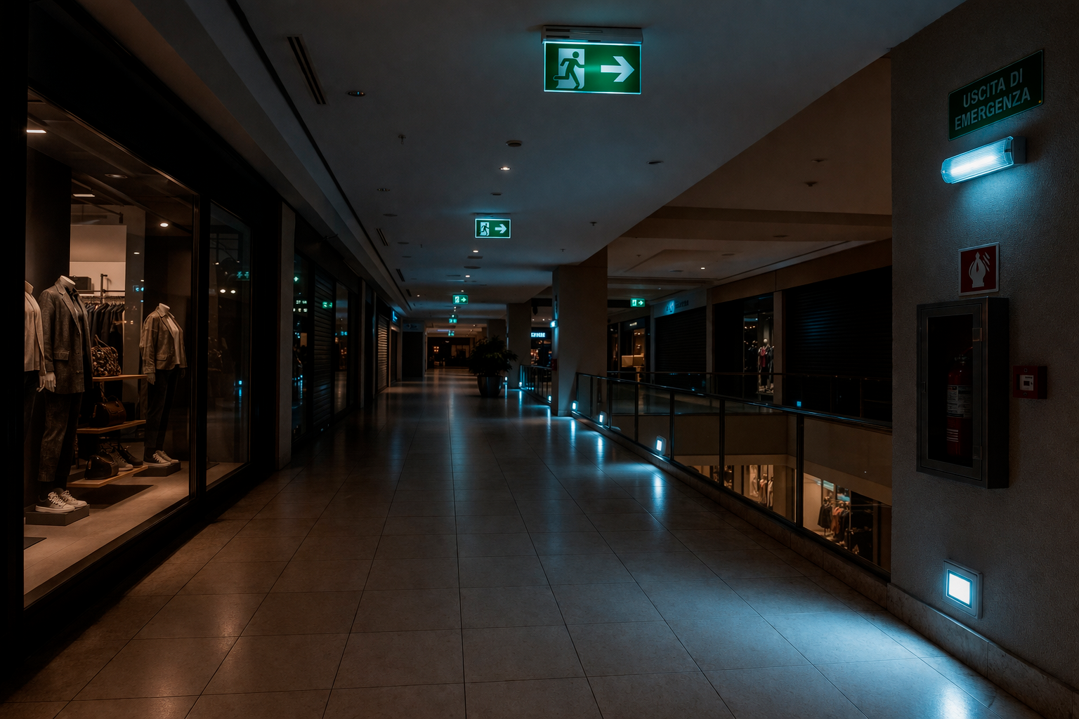 Segnaletica e illuminazione di emergenza in centro commerciale per sicurezza impianti elettrici centri commerciali