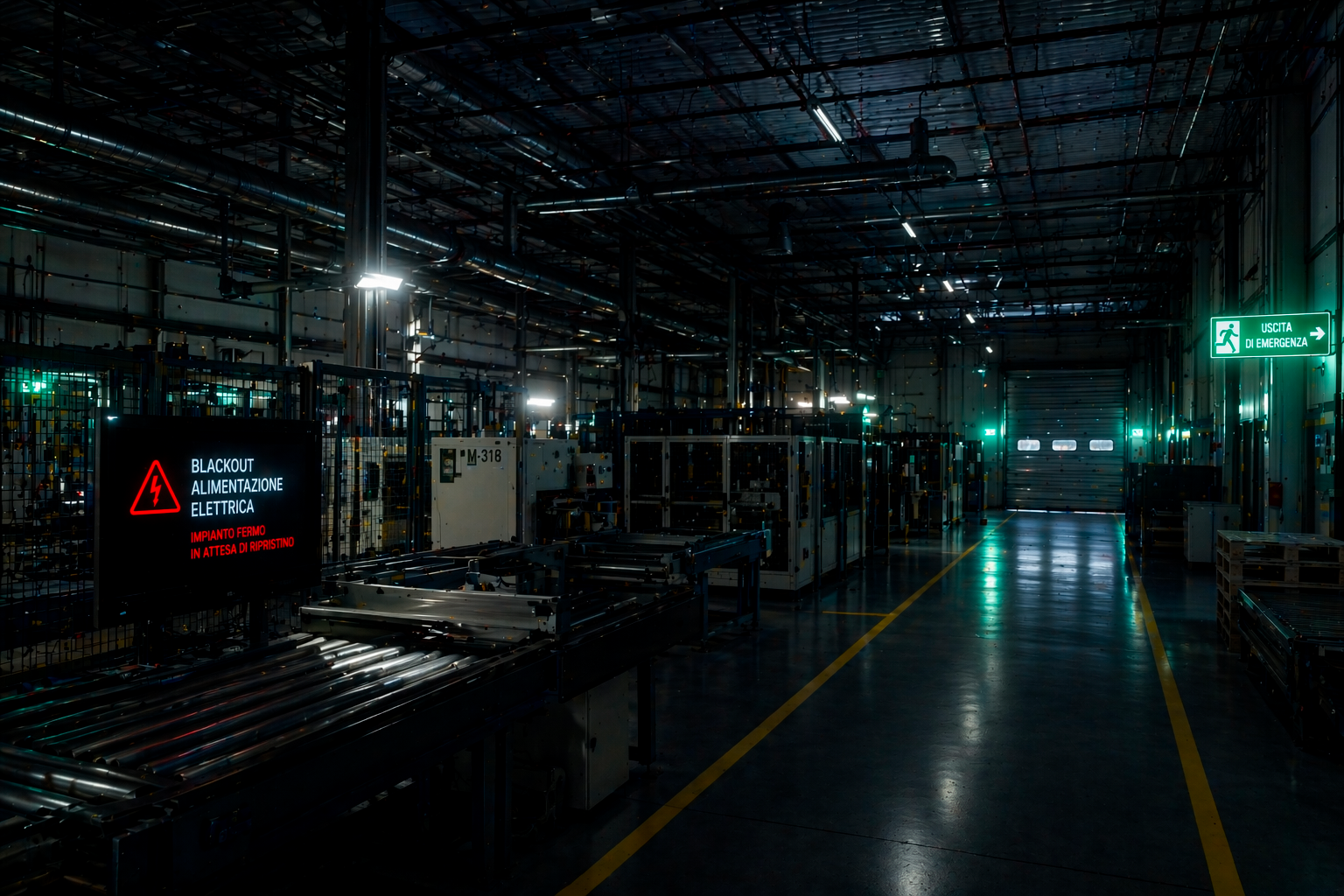 Blackout aziende rischi elettrici con impianto industriale fermo e interruzione energia
