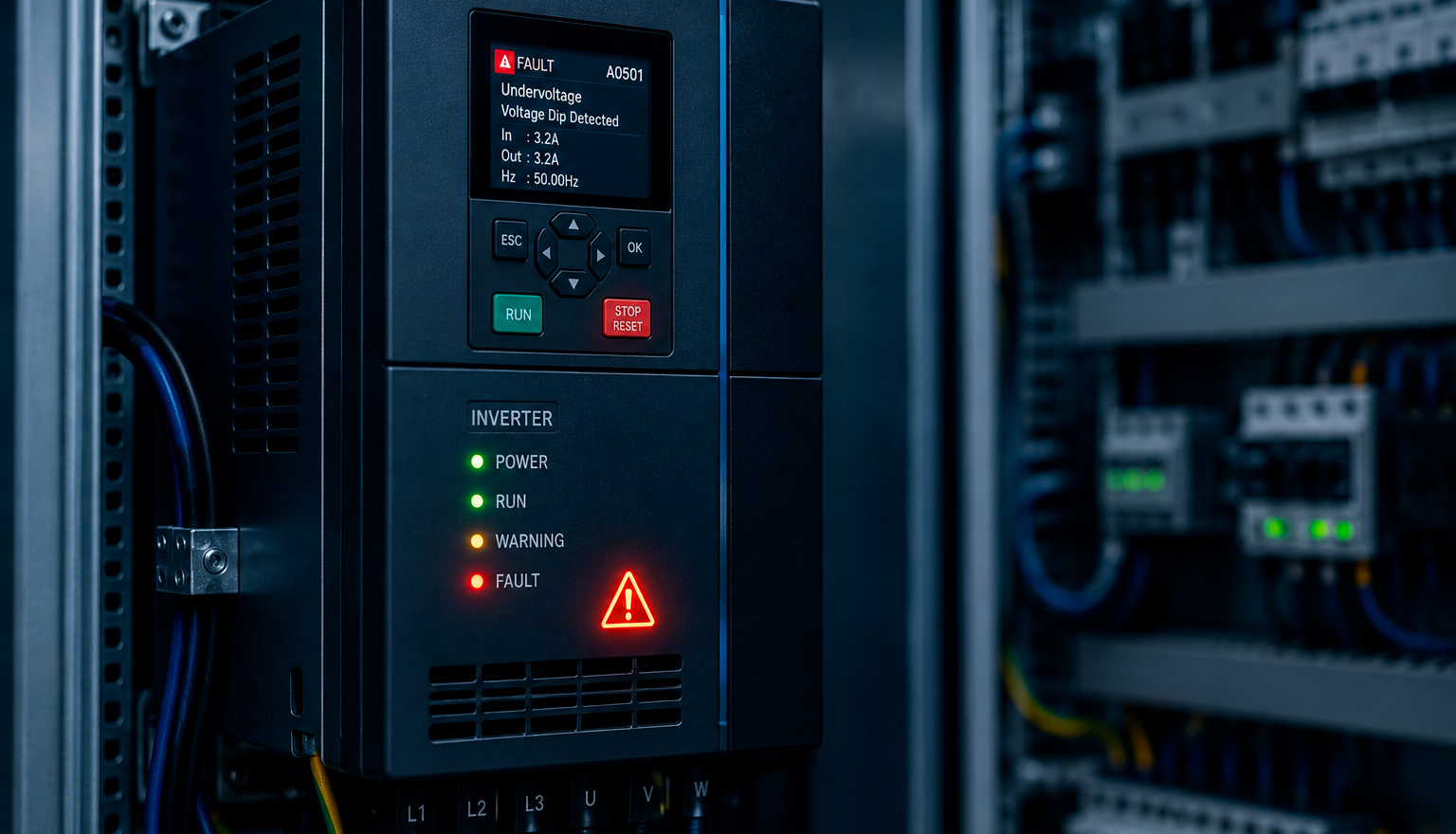Inverter industriale in allarme per buco di tensione e instabilità della rete elettrica 💡Bonus e incentivi 2025 per impianti elettrici💡