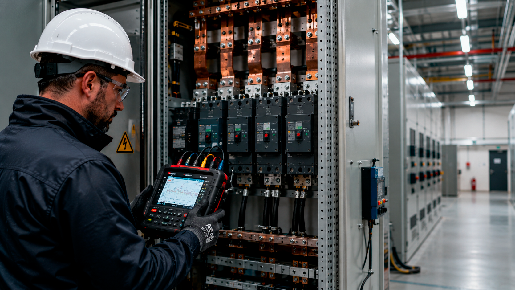 Tecnico specializzato esegue lo studio delle correnti di cortocircuito su un quadro elettrico industriale con strumentazione professionale.