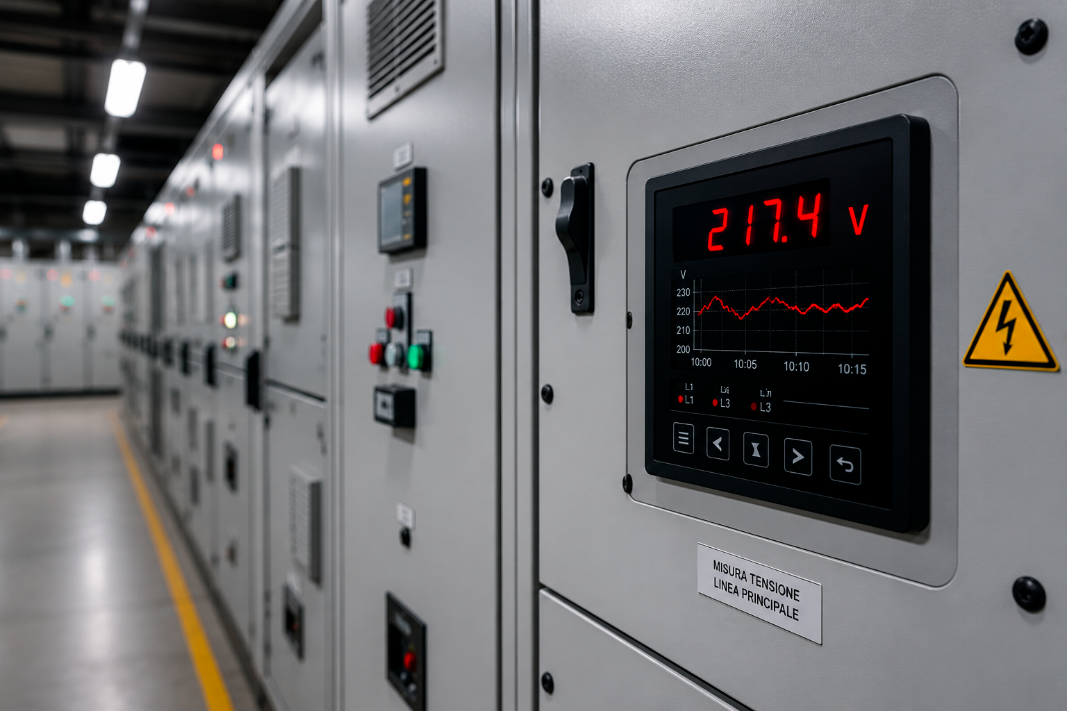 Quadro elettrico industriale con sistema di monitoraggio della tensione per la verifica della caduta di tensione negli impianti industriali.