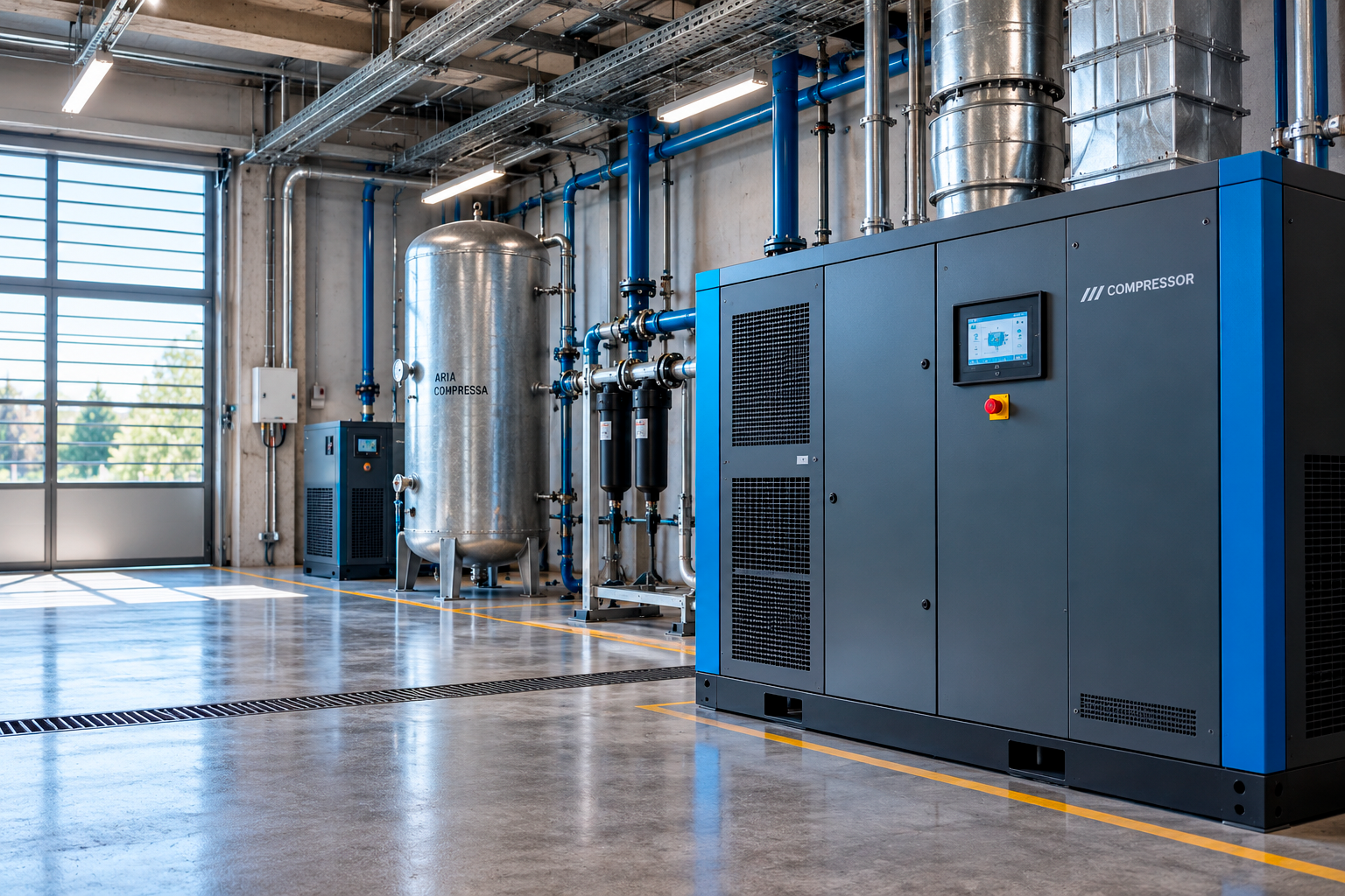 Compressore industriale in una sala tecnica, esempio di apparecchiatura soggetta a correnti di spunto durante l’avviamento.