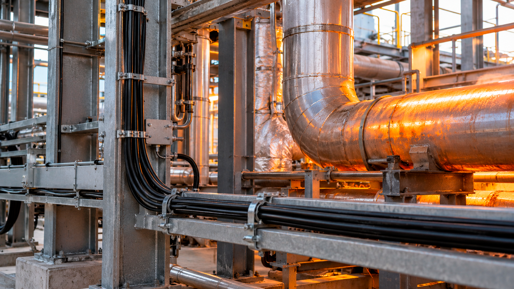Cavi industriali installati vicino a tubazioni calde